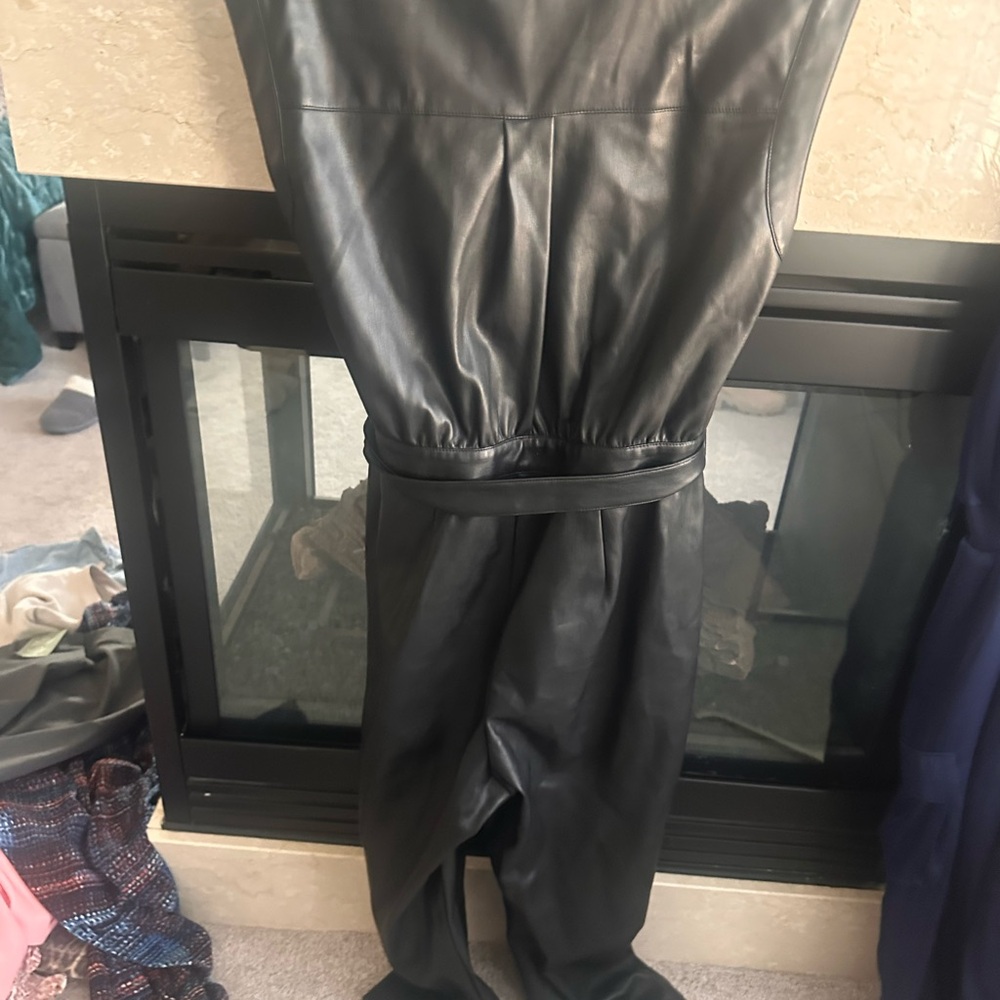INC International Concepts Black Belted Jumpsuit Faux Leather - Picture 6 of 6